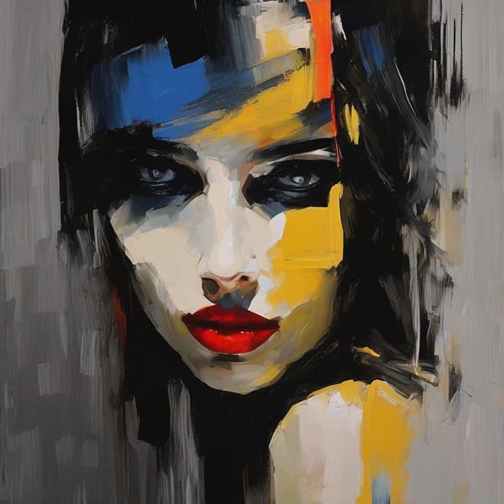 Σύγχρονο αφηρημένο πορτρέτο γυναίκας με έντονες χρωματικές πινελιές και βαθιά εκφραστικά μάτια.