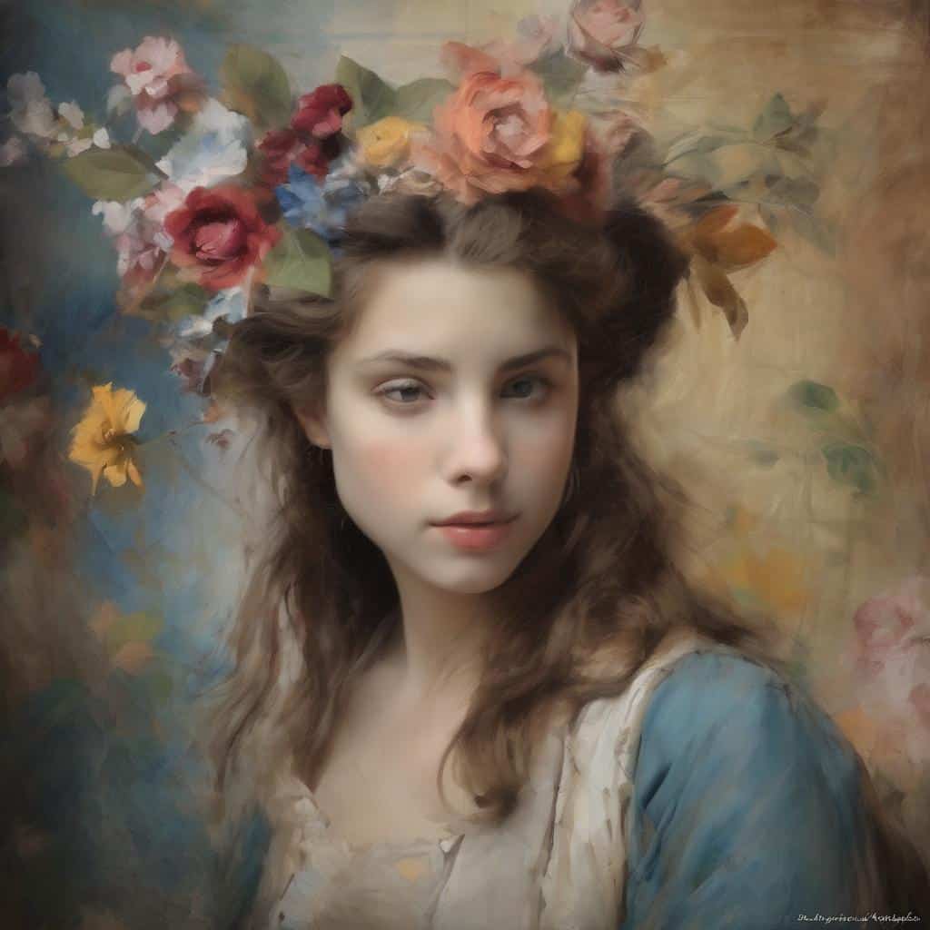 Αλτ κείμενο: Νεαρή κοπέλα με λουλούδια στα μαλλιά, πορτρέτο με όμορφη, άγρια ομορφιά.