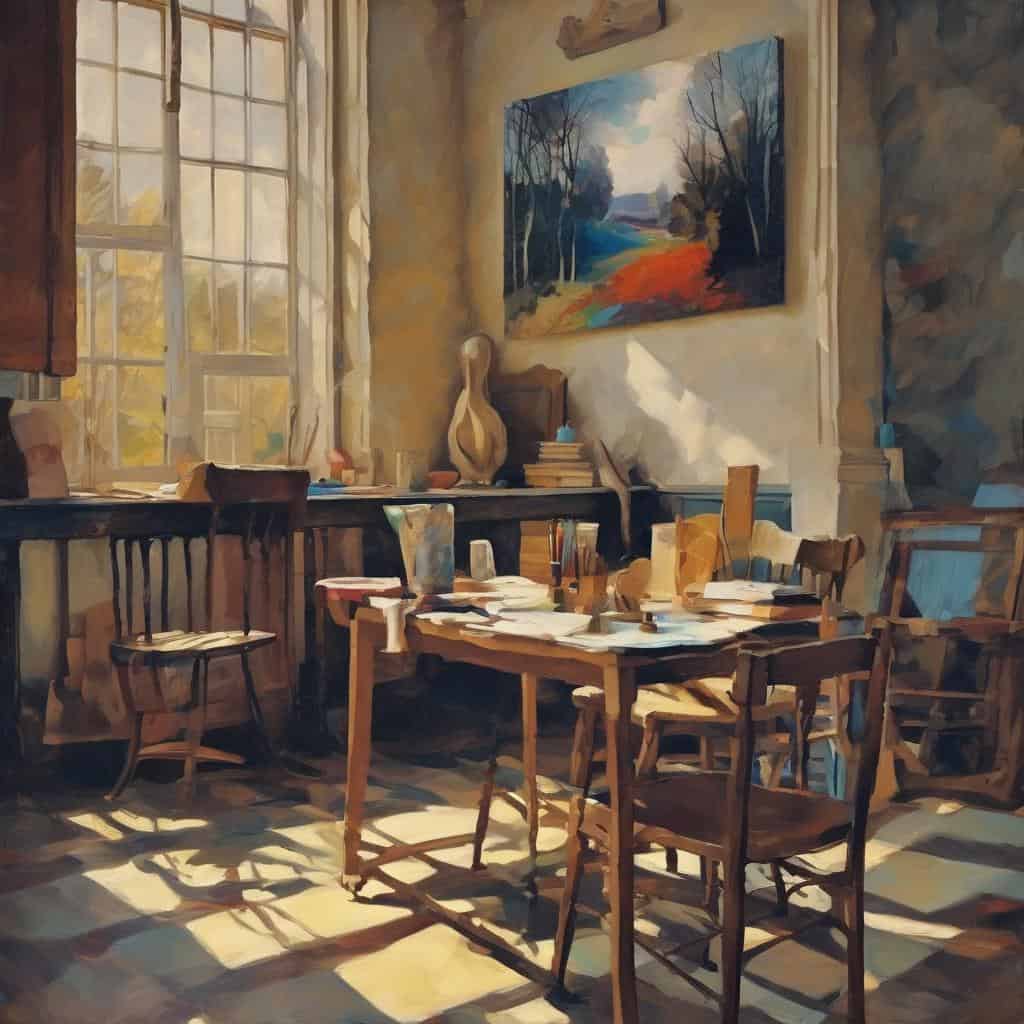 Φαίνεται ένα ευρύχωρο, φωτεινό δωμάτιο με ξύλινες καρέκλες και τραπέζι, διακοσμημένο με πίνακα και γλάστρες, δημιουργικό και φιλόξενο περιβάλλον.