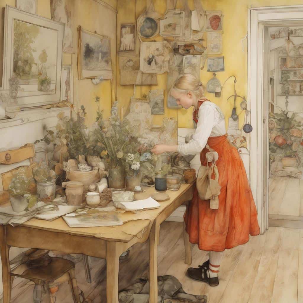 Παραδοσιακό εργαστήριο τέχνης με νεαρή καλλιτέχνιδα, διακοσμητικά και έργα τέχνης, αναστοχασμός σχετικά με την υφή και την υποσυνείδητη αντίληψη.