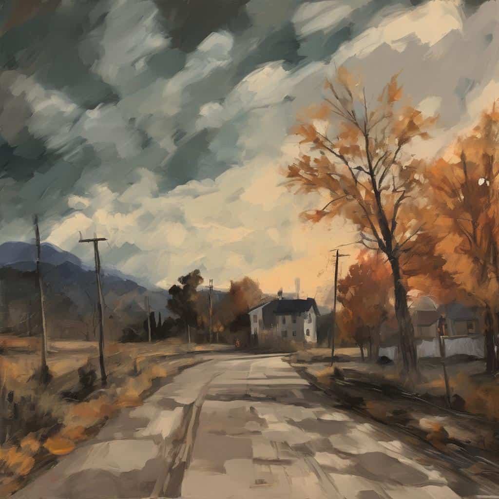 Φθαρμένο οδικό δίκτυο με πορτοκαλί και γκρι φθινοπωρινά δέντρα σε καμβά ζωγραφικής.