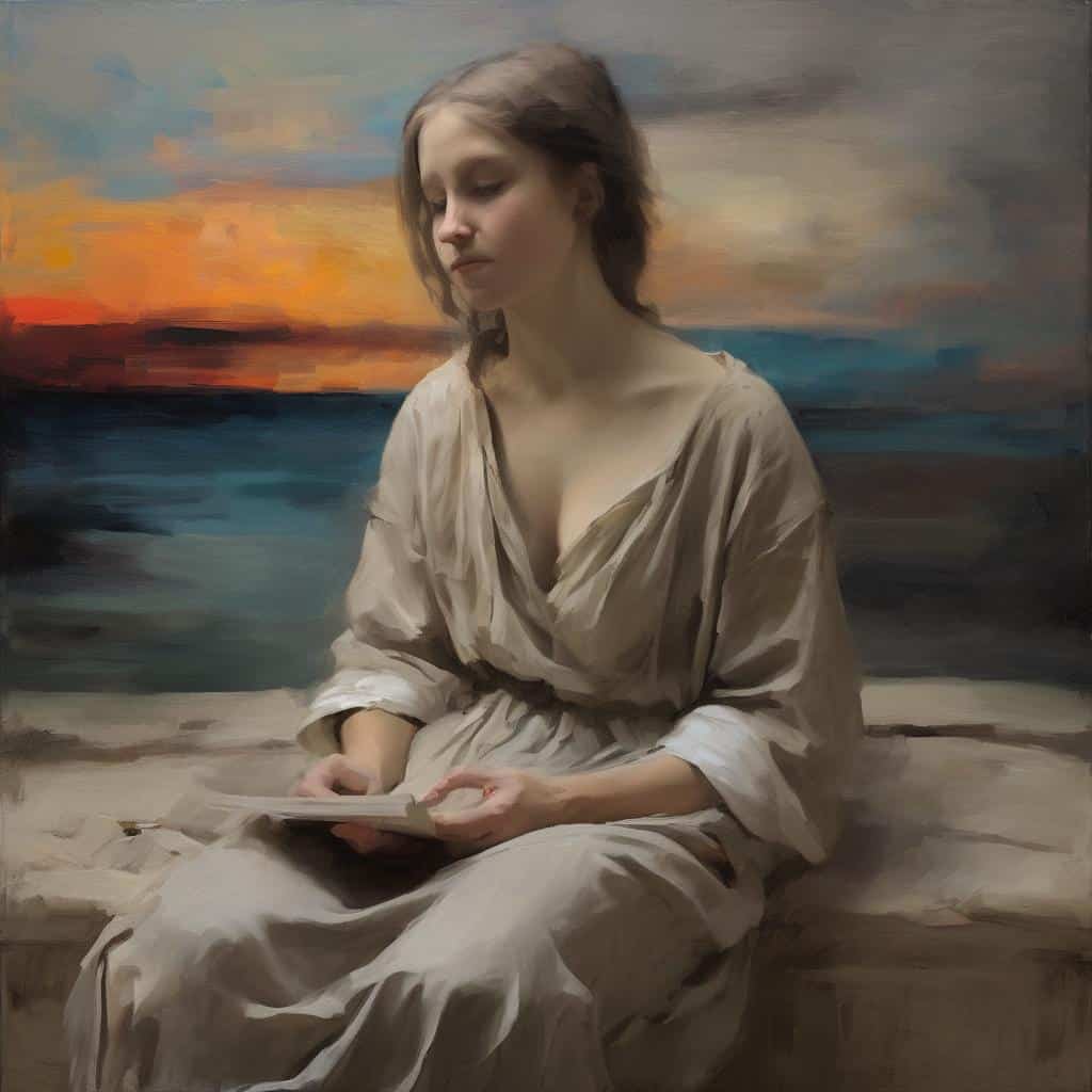 Απλή, εκφραστική γυναίκα διαβάζει σε ηρεμία με φόντο το ηλιοβασίλεμα και την θάλασσα, αναδεικνύοντας υφή και υποσυνείδητη αντίληψη.
