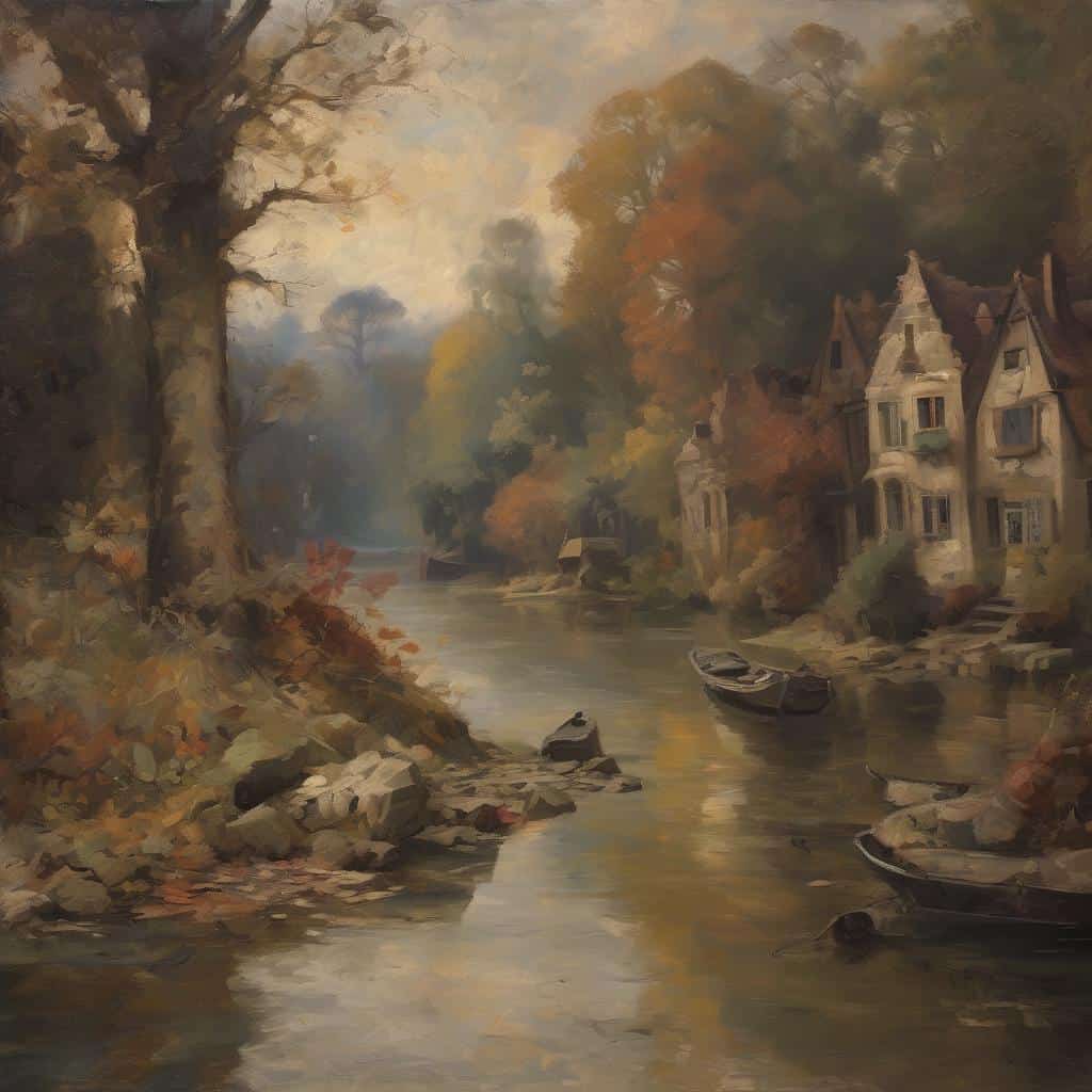 Γήινη υφή και το ασυνείδητο σώμα, φθινοπωρινή σκηνή κοντά σε ποτάμι με παραδοσιακά σπίτια, ηρεμία και αυτοανακάλυψη.